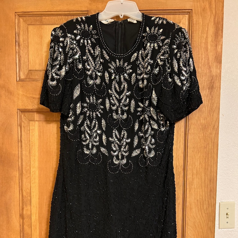 Night Vogue Evening Mini Dress Sequin/Beading Black 100% Silk Sheath Size XL